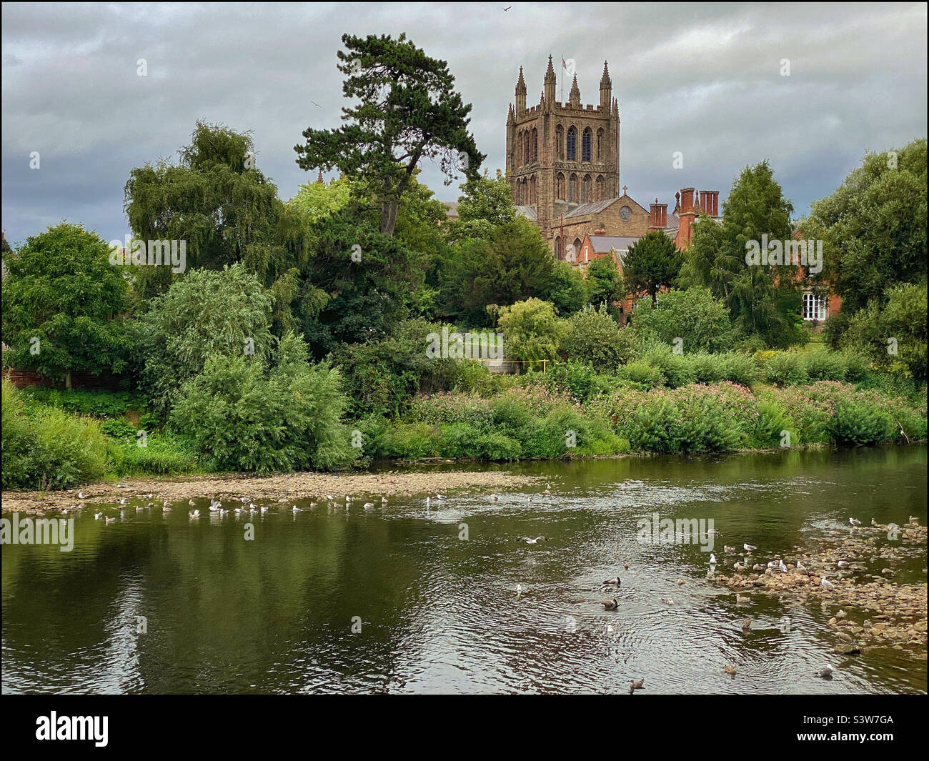 Blick auf die berühmte Hereford Cathedral vom Ufer des Flusses Wye. Diese gotische Kathedrale beherbergt den unbezahlbaren Mappa Mundi. Foto ©️ COLIN HOSKINS. - Smartphone-aufgenommenes Stockfoto