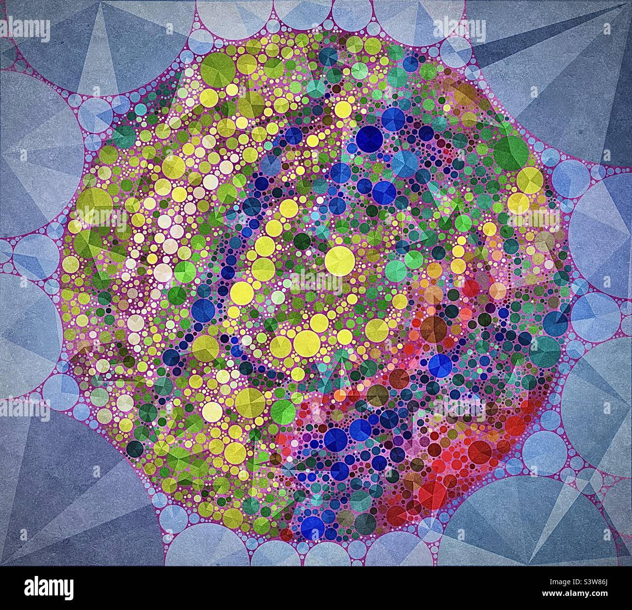 Farbenfrohe Abstraktion, die durch die Verwendung eines Bildes eines nostalgischen Kinderspielzeugs, einer Hoppy Taw, und die Ausführung durch die IOS-App Percolator erstellt wurde. Stockfoto