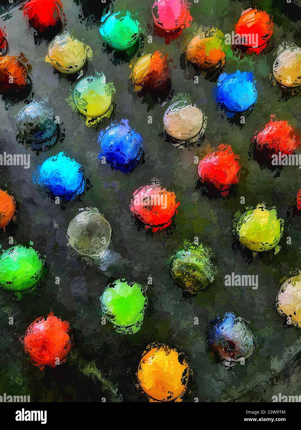 Eine texturierte, malerische Wiedergabe der Stein-, Onyx-Marmorstücke eines Chinese Checker Spielbretts. Stockfoto