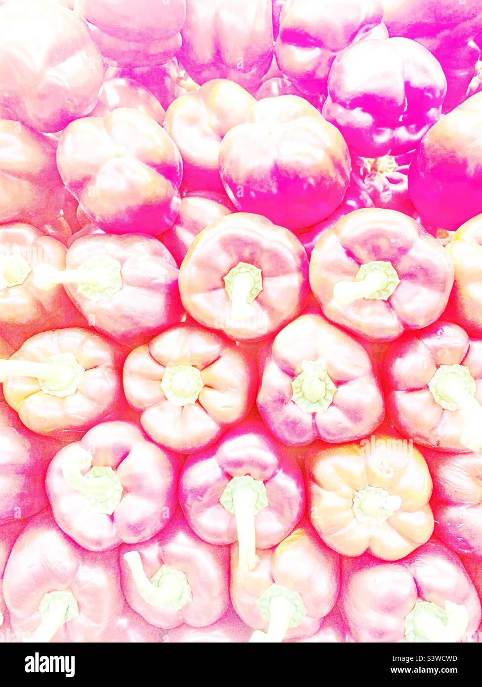 Künstlerische überbelichtete Ansicht eines Stapels frischer Paprika. Stockfoto