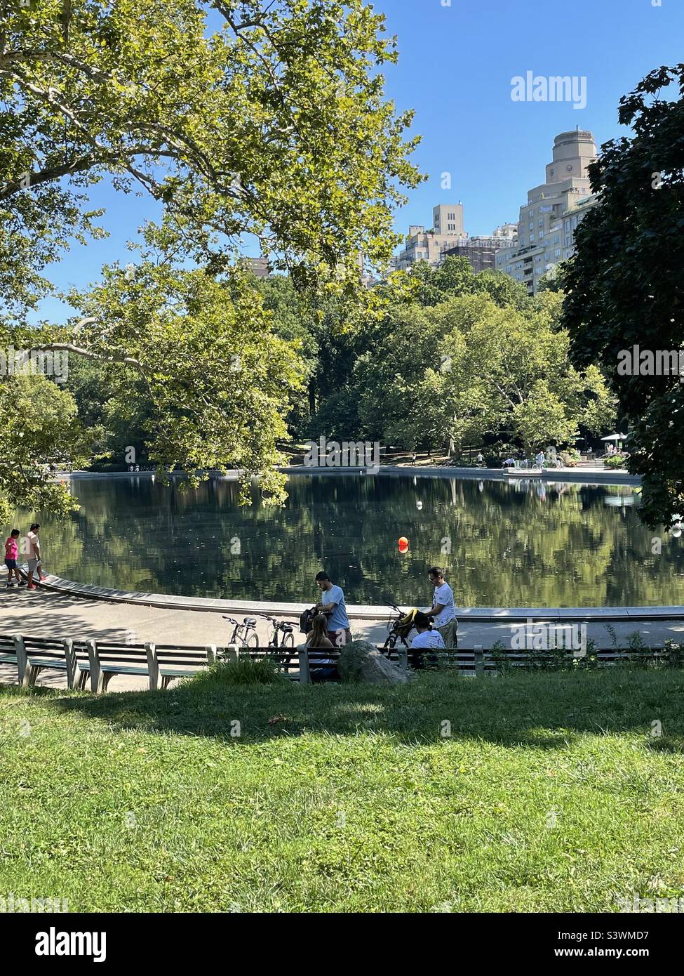 Eine Sommeransicht eines Teiches im Central Park mit Wolkenkratzern der Fifth Avenue im Hintergrund, New York City, USA Stockfoto