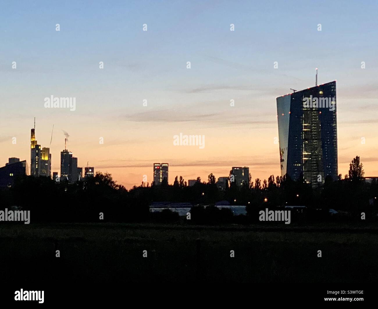 Skyline von Frankfurt bei Sonnenuntergang mit der Europäischen Zentralbank auf der rechten Seite. Stockfoto
