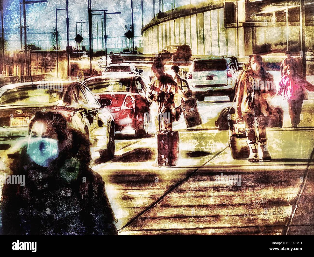 Passagiere, die nach Hause zurückkehren und am Salt Lake City International Airport in SLC, Utah, USA, abgeholt werden. Farb- und Grunge-Effekte für künstlerische Effekte digital hinzugefügt. - Smartphone-aufgenommenes Stockfoto