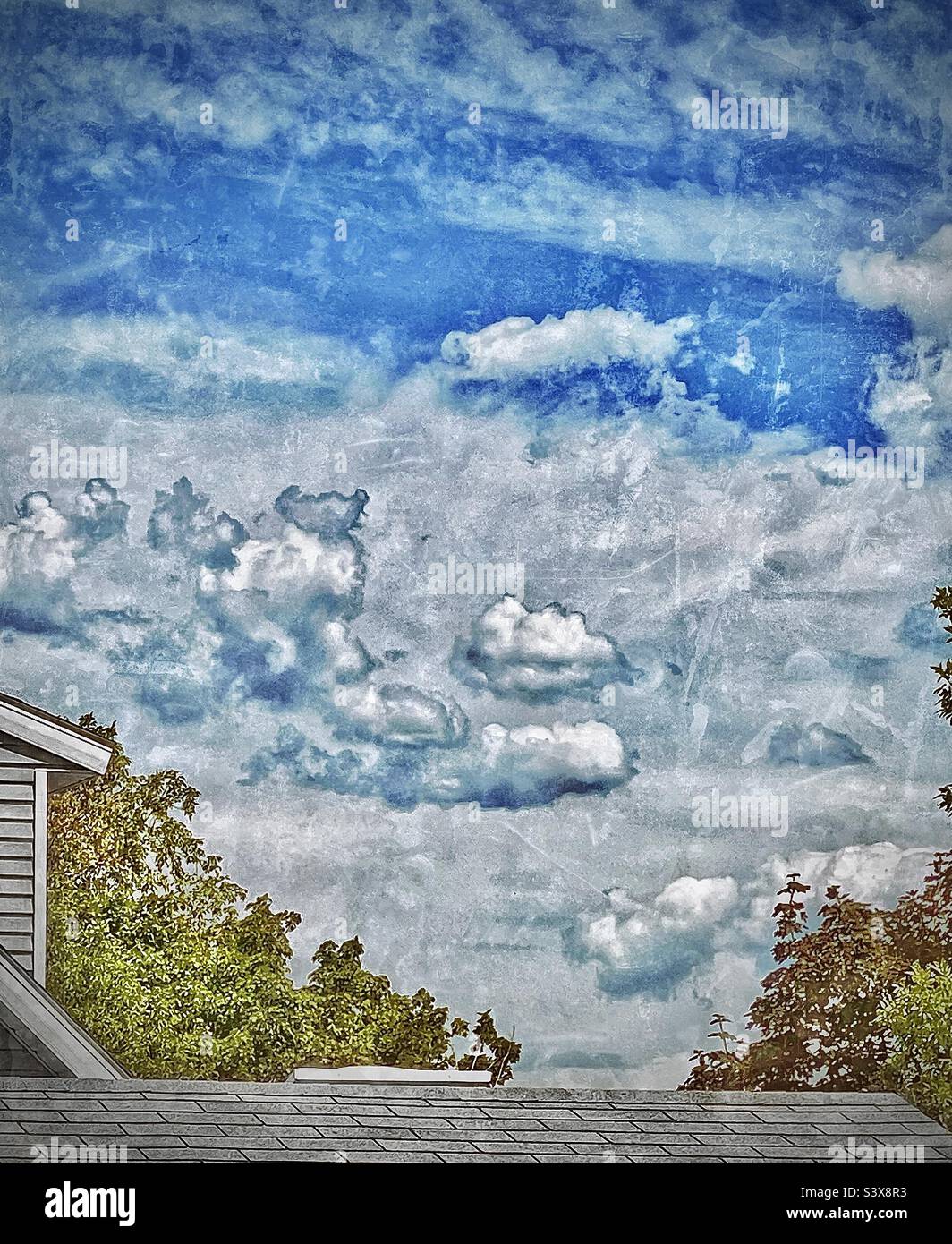 Eine grunzige Darstellung der Schönheit von Mutter Natur, die uns umgibt, der Bäume, des Himmels und der Wolken, eingerahmt von dem Menschen, den Dächern, Dachrinnen und Wänden unserer Häuser. Stockfoto