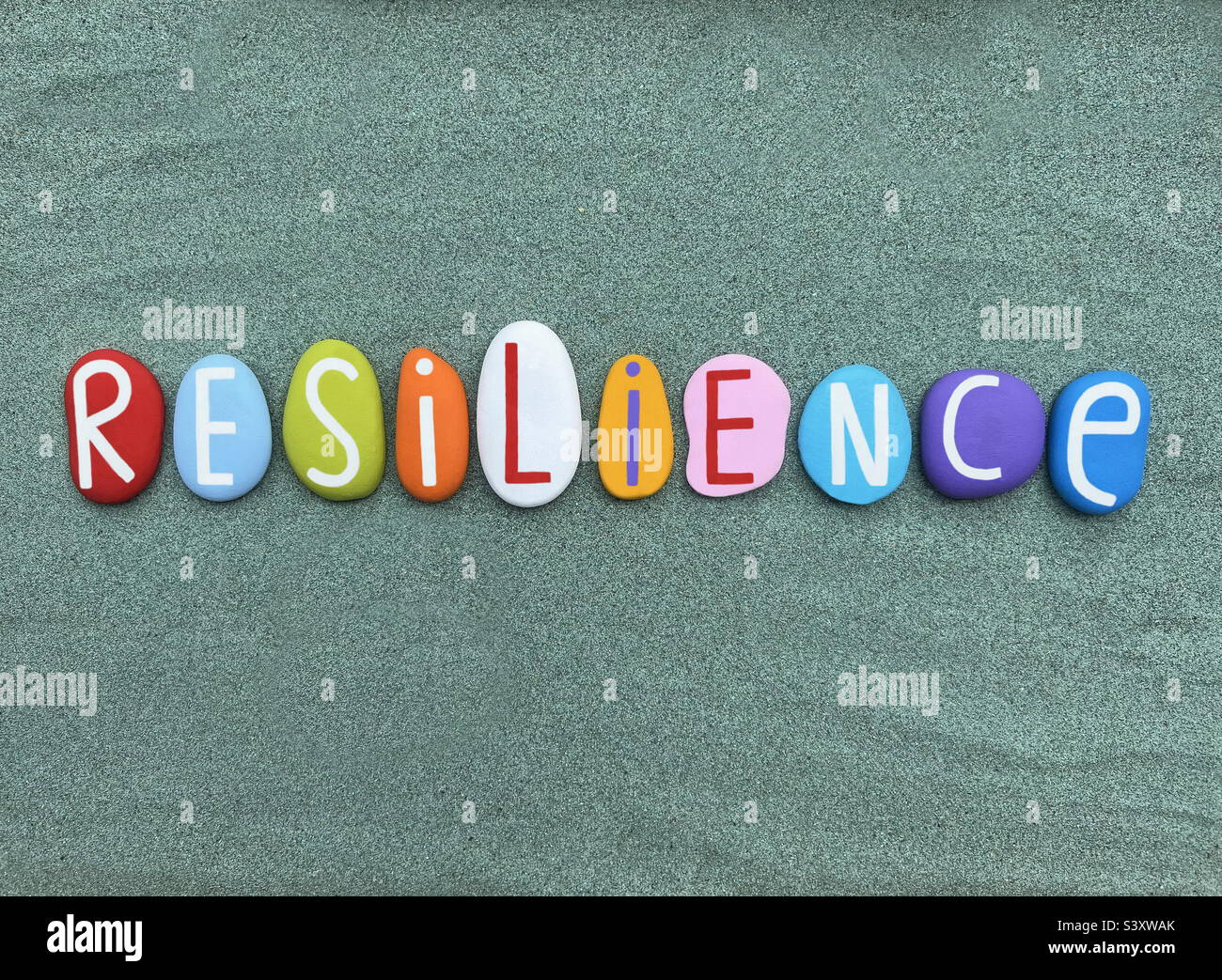 Resilienz Wort mit handgemalten Steinbuchstaben über grünem Sand komponiert Stockfoto