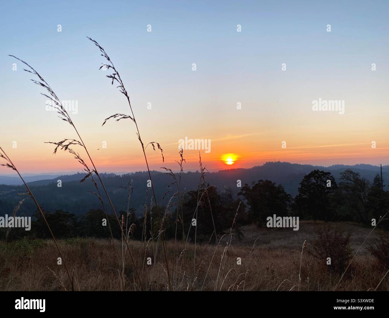 Sonnenuntergang über dem südlichen Willamette Valley Blick vom Wild Iris Ridge in Eugene, Oregon. Stockfoto