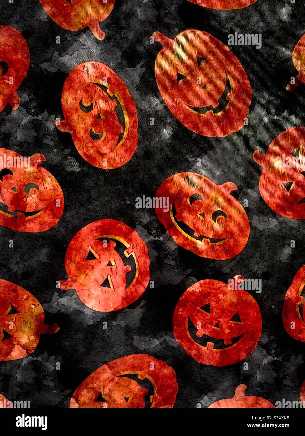 Eine Aufnahme unserer saisonalen Tischdecke Herbst/Oktober/Halloween, die gerade unseren Küchentisch schmückt. Der malerische, texturierte Effekt der IOS-App ArtCard. - Smartphone-aufgenommenes Stockfoto
