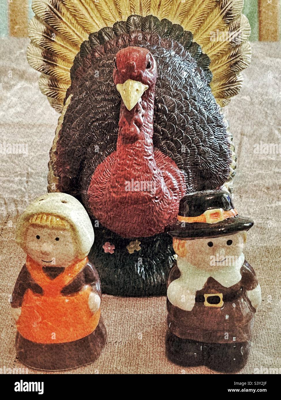 Ein Thanksgiving-putenstück teilt sich die Tischplatte des Speisesals mit ein paar pilgernden Salz- und Pfefferstreuern, während sich der Thanksgiving-Feiertag nähert. Stockfoto