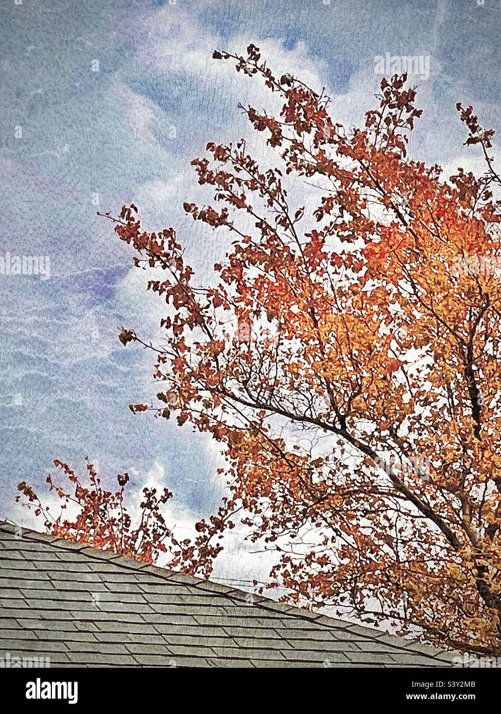 Das Dach des Kirchengebäudes trifft auf einen goldenen und orangefarbenen Herbstbaum, der Teil der Landschaftsgestaltung auf dem Kirchengelände darunter ist. Der Mensch und die Natur, oft in unmittelbarer Nähe, sehen gut aus und arbeiten gut zusammen. Stockfoto