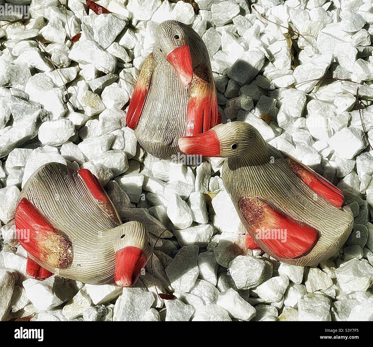 Ein Blick von oben auf drei kleine Yard Dekor Enten in einem Vorgarten Pflanzbett gefüllt mit dekorativen weißen Felsen. Dieses kleine Trio von Entenküchlein fügt ein wenig Interesse zu unserem Hof hinzu. - Smartphone-aufgenommenes Stockfoto