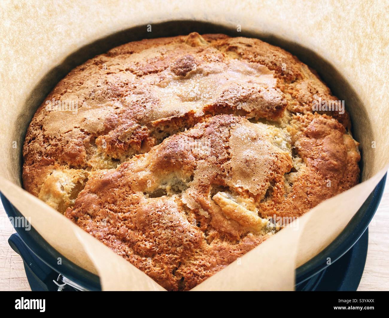 Apfelkuchen frisch aus dem Ofen in einer Papierform. Stockfoto