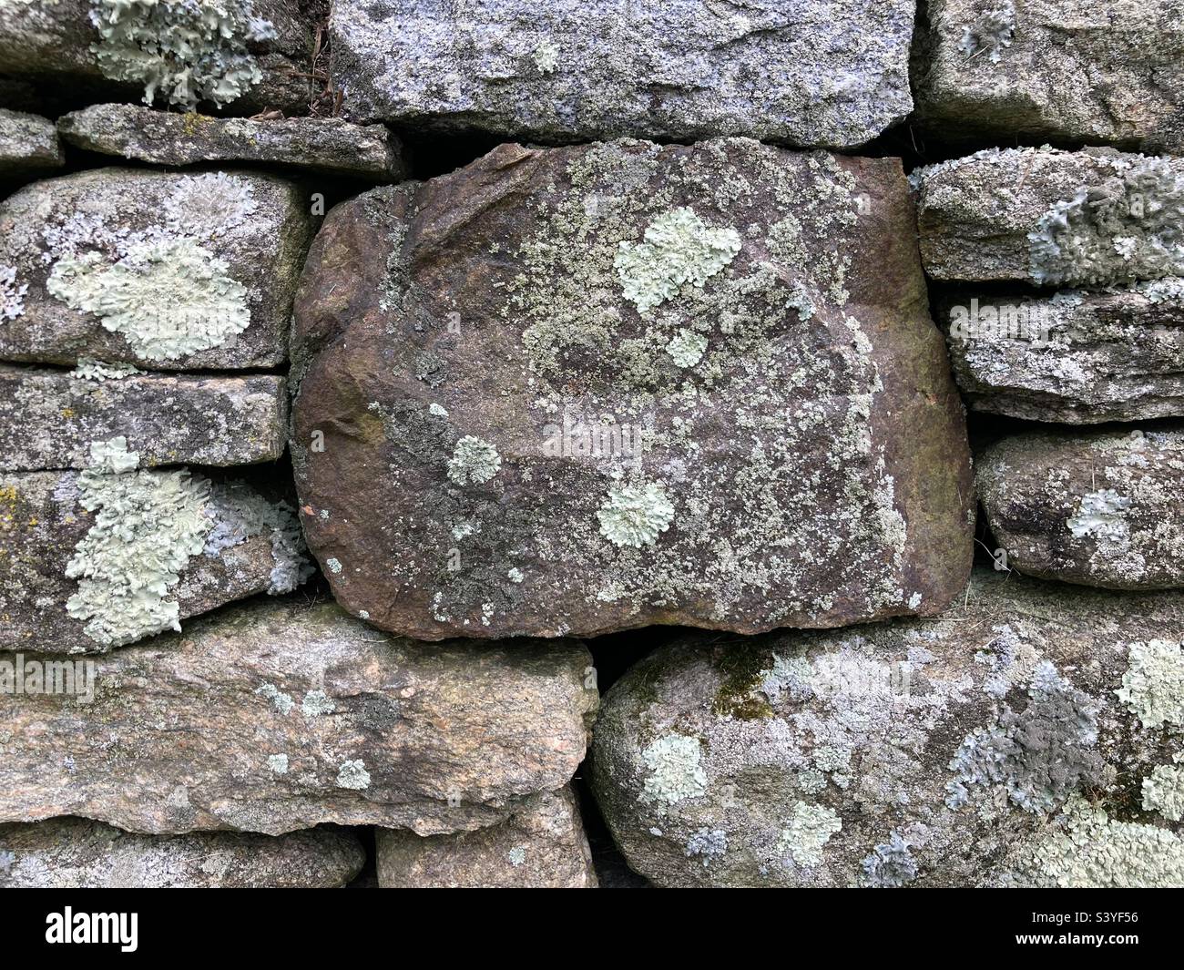Felswand, mit einem sehr großen Stein in der Mitte. Connecticut, USA Stockfoto