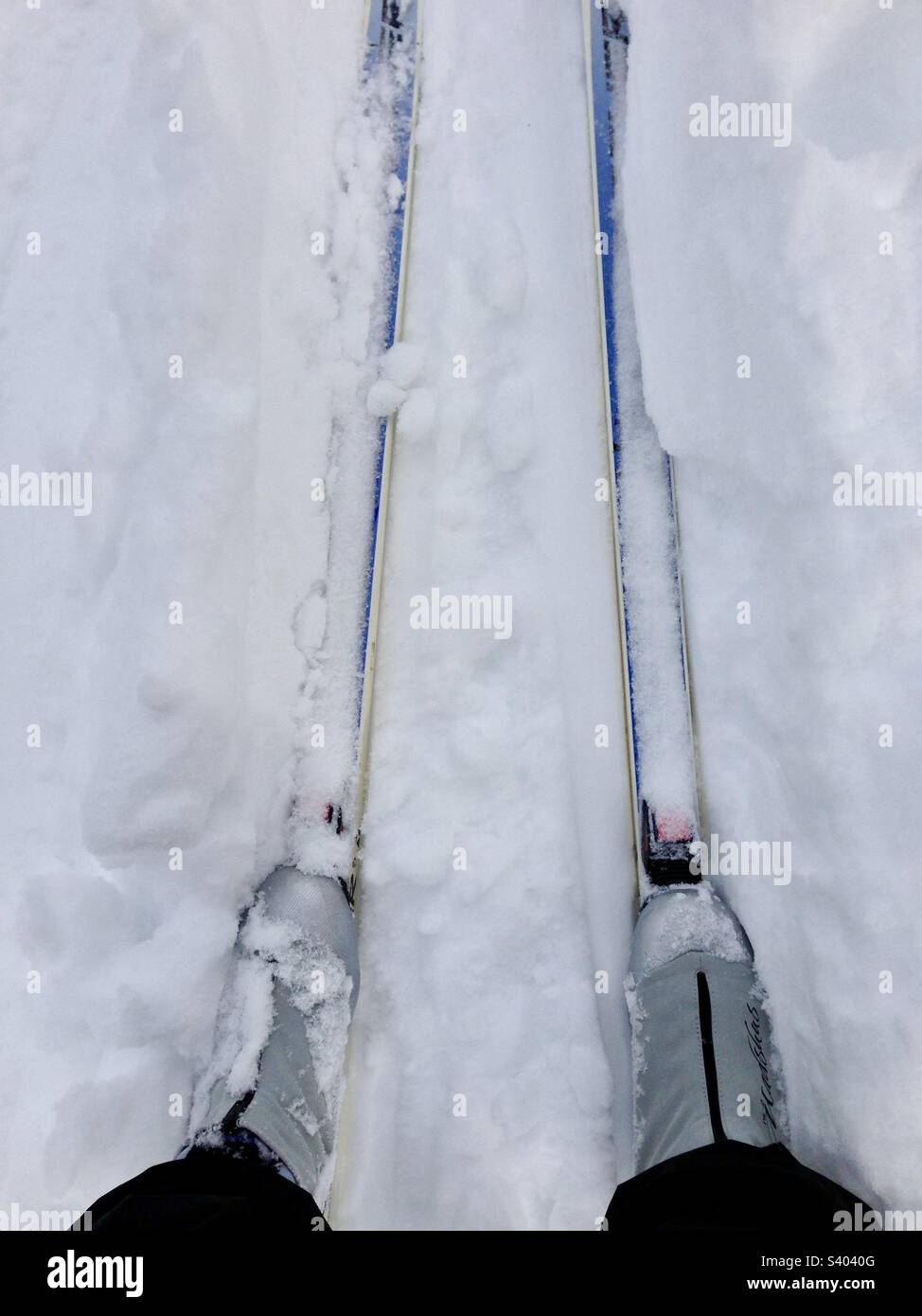 Skipisten in Neuengland an einem kalten Wintertag. Die Szene zeigt Skischuhe, Skier und Schnee auf einem Skilanglaufpfad. - Smartphone-aufgenommenes Stockfoto