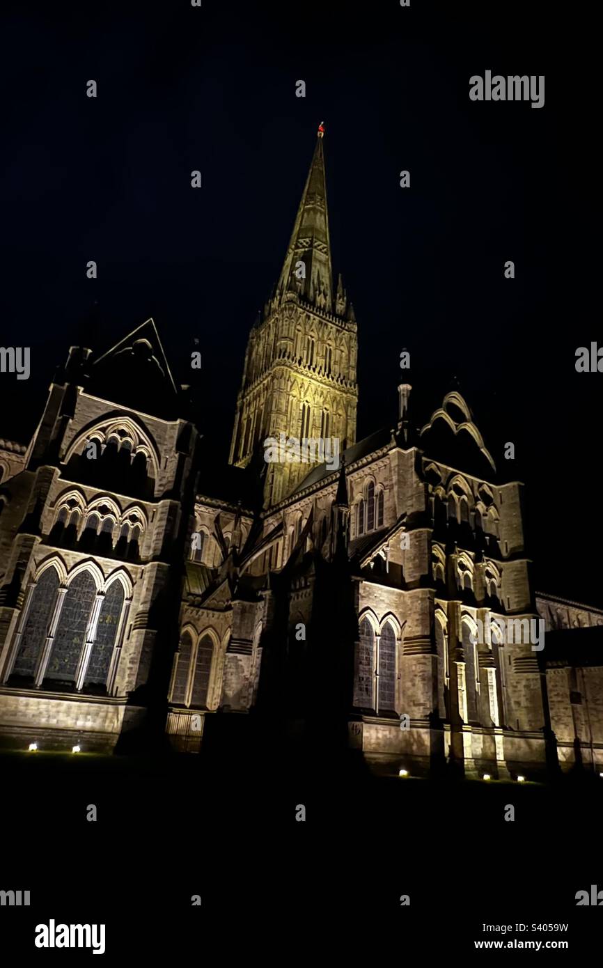 Salisbury Cathedral bei Nacht. Stockfoto