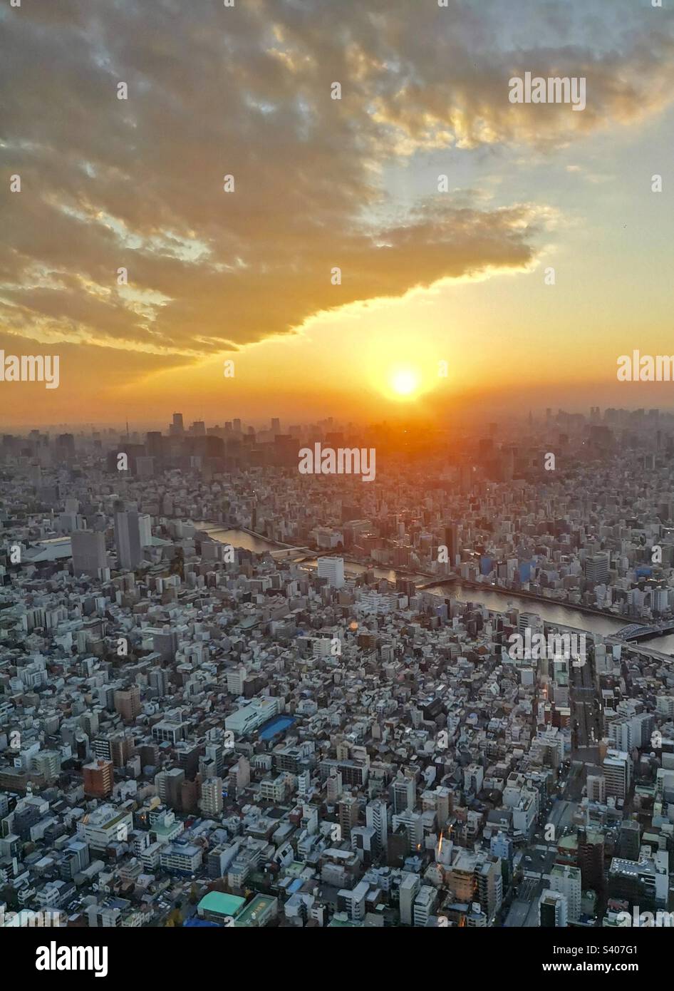 Ein atemberaubender Sonnenuntergang über Tokio, Japan. - Smartphone-aufgenommenes Stockfoto