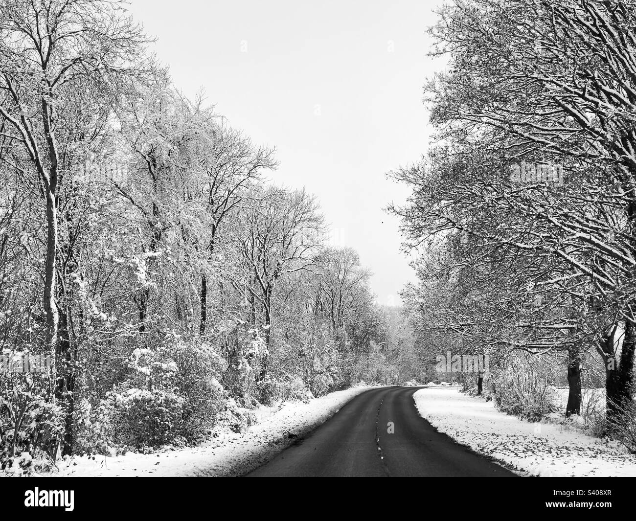 Straße im Schnee. Hampnett, Gloucestershire Stockfoto