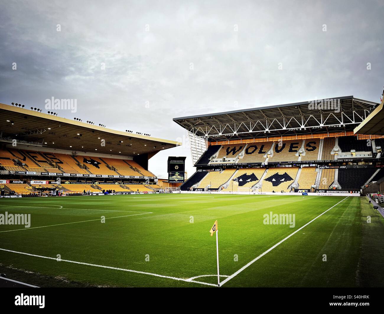 Ein allgemeiner Blick auf das Fußballfeld im Molineaux-Stadion, Heimat der Wolverhampton Wanderers. Wölfe spielen derzeit in der englischen Premier League. Stockfoto