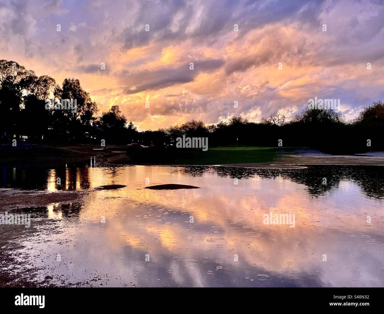 Der goldviolette Sonnenuntergang spiegelt sich im Teich, Scottsdale, Arizona, und die Regentropfen treffen sanft auf die Oberfläche des ruhigen Wassers Stockfoto