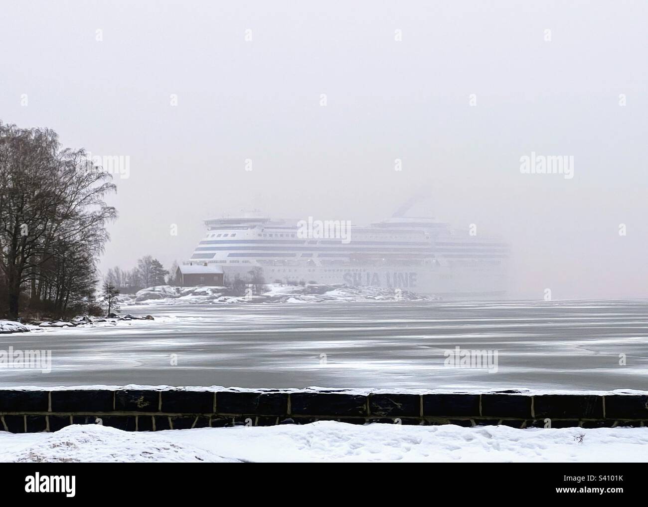 Im Winter nebelige Landschaft mit verschwommenem Kreuzfahrtschiff im Hintergrund, gefrorener Ostsee, Bäumen und niedrigem Steinzaun Stockfoto