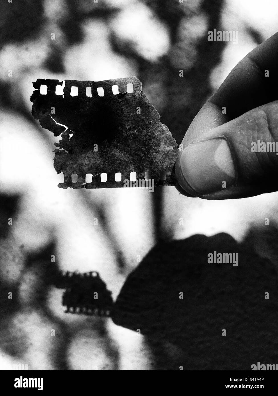 Dramatisches Bild eines zerfallenen analogen 35mm-Fotografiefilms, der vor Schatten im Hintergrund in der Hand gehalten wird Stockfoto