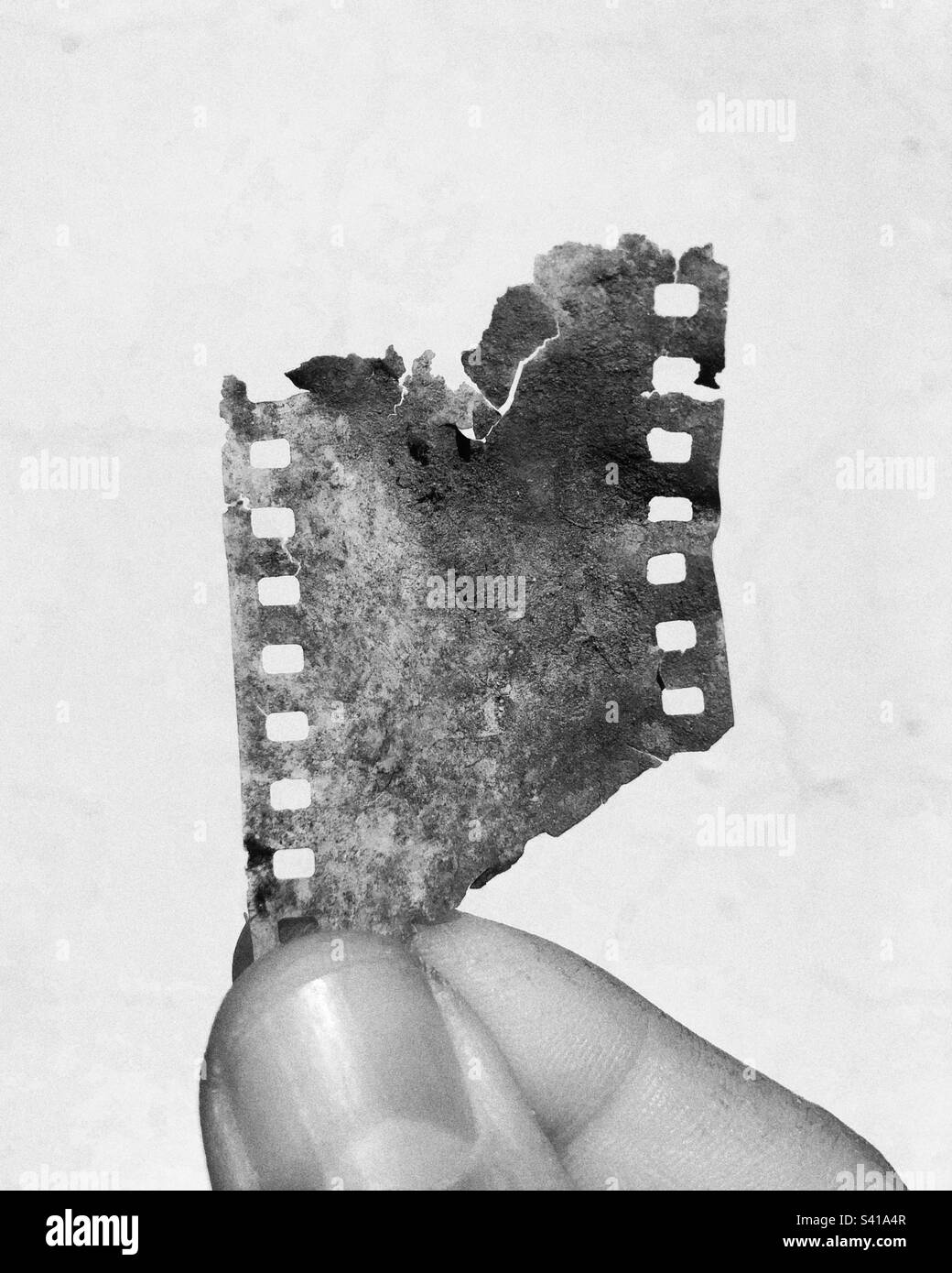 Hohes Schlüsselbild eines zerfallenen fotografischen Films, der vor weißem Hintergrund in der Hand gehalten wird - Smartphone-aufgenommenes Stockfoto