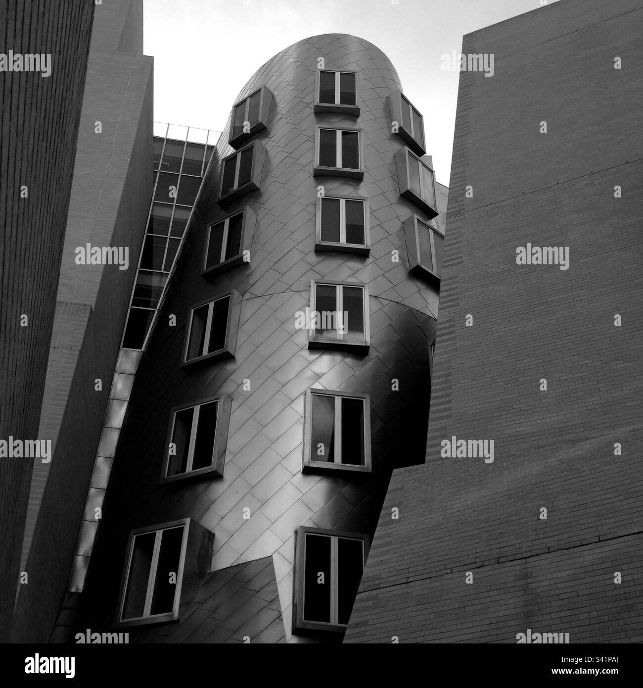 Schwarzweißblick auf das Ray and Maria Stata Center, oder Gebäude 32, auf dem Campus des Massachusetts Institute of Technology (mit). Der Architekt war Frank Gehry. Stockfoto