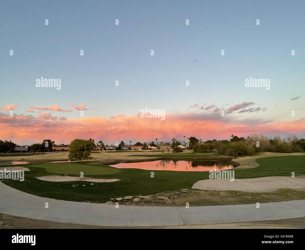 Arizona Sunset, Scottsdale Golfplatz, grün, Fairway, Sandfallen, Teich Reflexionen, rosa und gelbe Wolken, Scottsdale, AZ, USA, Weitwinkel Stockfoto