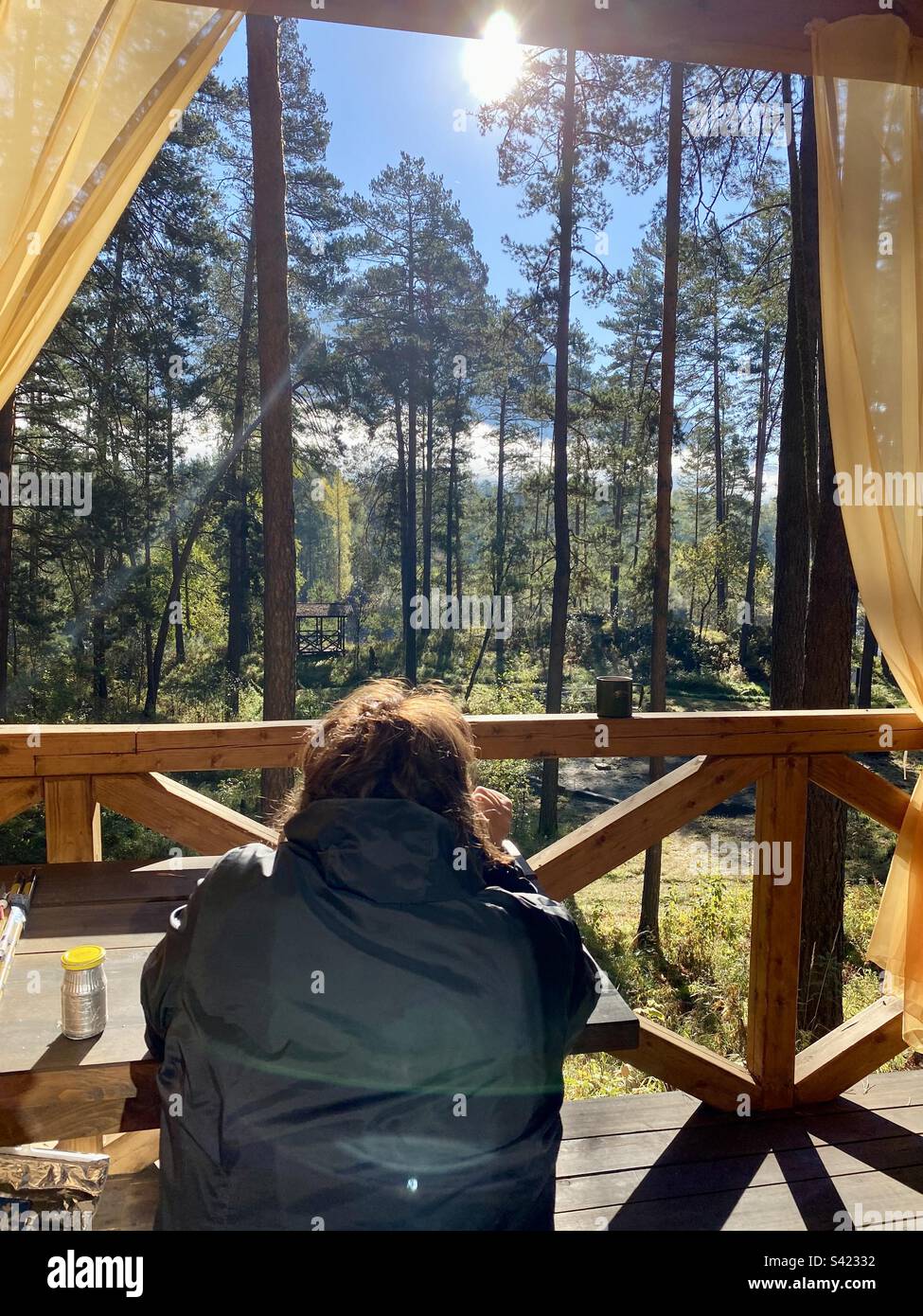Eine ältere, dicke Frau sitzt an einem Tisch auf der Veranda neben einer Tasse Tee und sieht den Wald mit der Sonne an Stockfoto