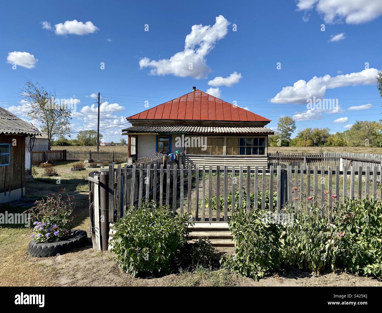 Russische Hütte mit Gemüsegarten hinter dem Zaun von Tieren am Blumenbeet am Nachmittag. Stockfoto