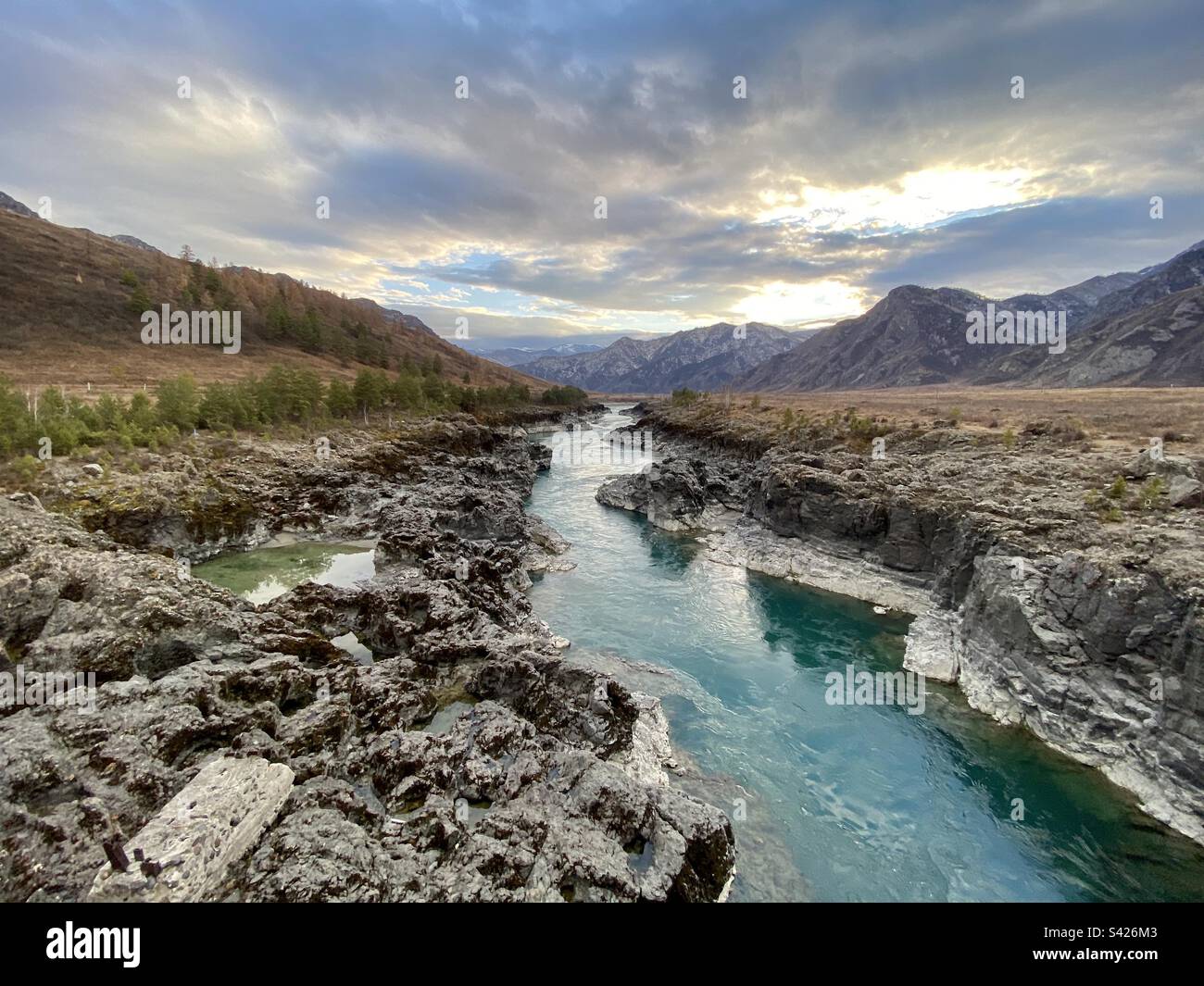 Der Fluss Katun fließt zwischen den felsigen Ufern, die durch vulkanische Felsen hinter dem Altai-Gebirge bei Sonnenuntergang in Sibirien geformt sind - Smartphone-aufgenommenes Stockfoto