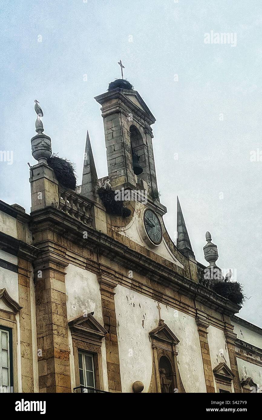 Drei Nester und Störche auf dem Arco da Vila, einem mittelalterlichen Tor in Faro, Algarve, Portugal - historisches Bauwerk, in dem die Vögel auf Portugiesisch als Cegonha bekannt sind Stockfoto