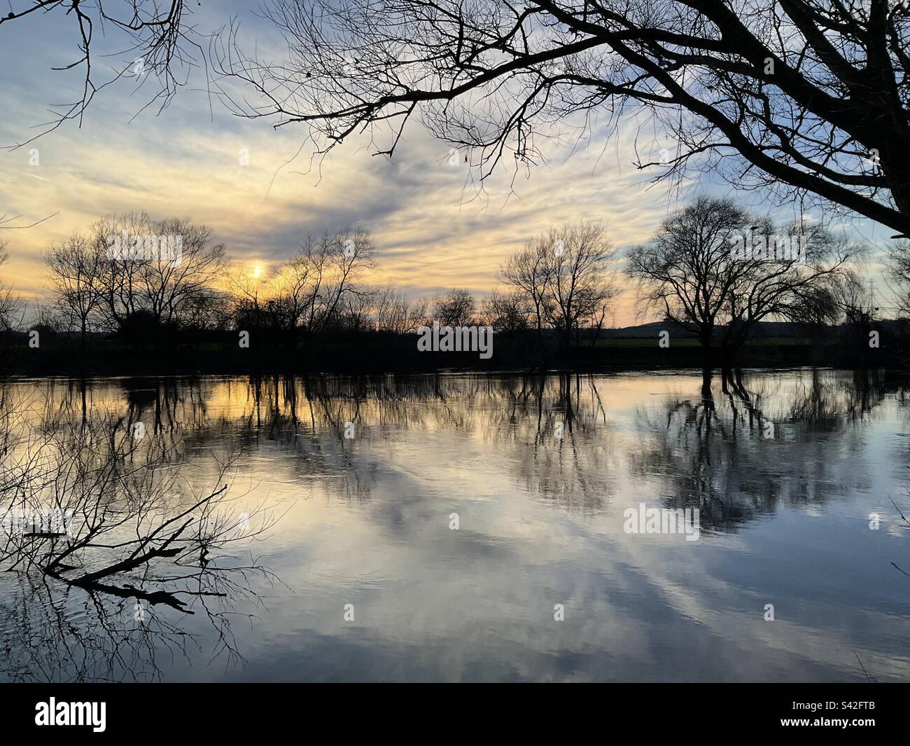 Im Winter spiegeln sich Bäume des Sonnenuntergangs im Fluss wider Stockfoto