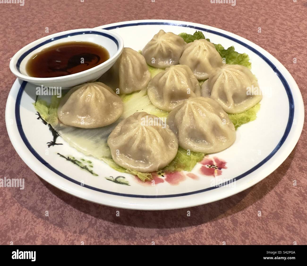 Suppenknödel auf einem Teller mit Sojasoße - Smartphone-aufgenommenes Stockfoto