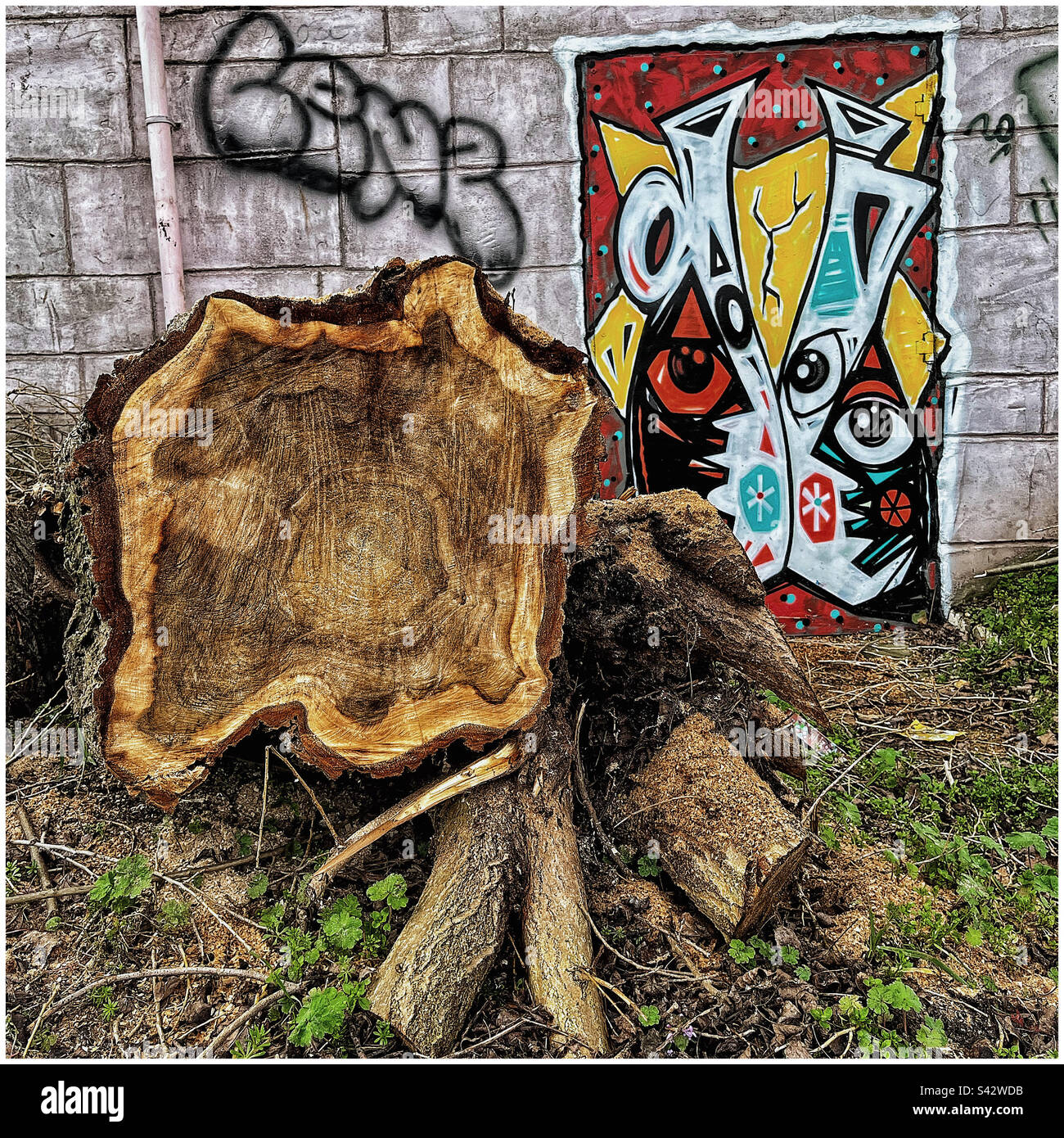 Ein gefällter Baum mit Ringen, neben einer Graffittür - Smartphone-aufgenommenes Stockfoto