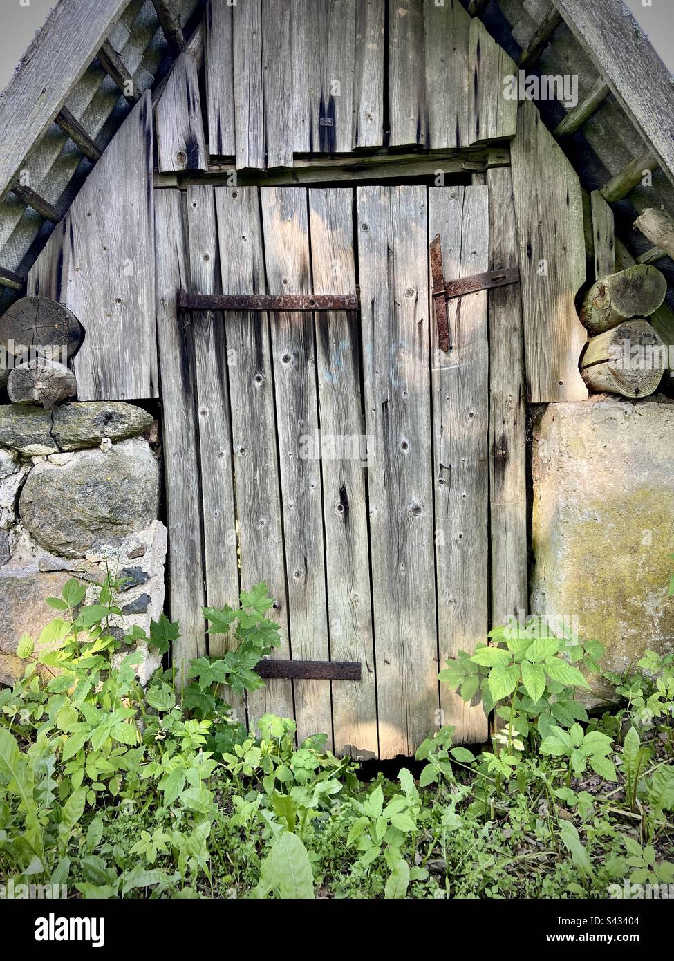 Hölzerne Kellertür aus Steinen auf dem Land Lettlands. Stockfoto