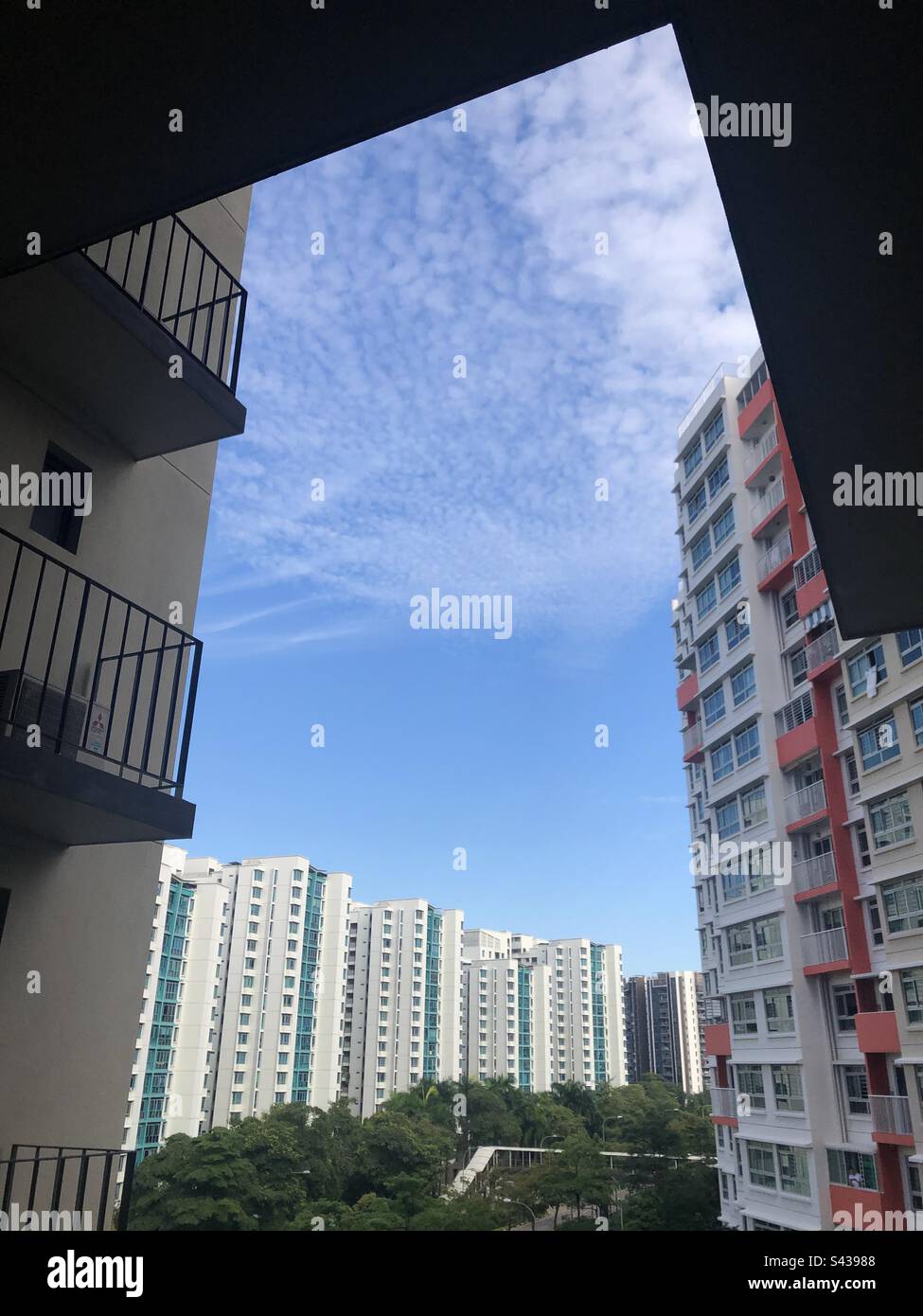 Blick auf HDB-Apartmentgebäude unter blauem Himmel in Punggol, Singapur Stockfoto