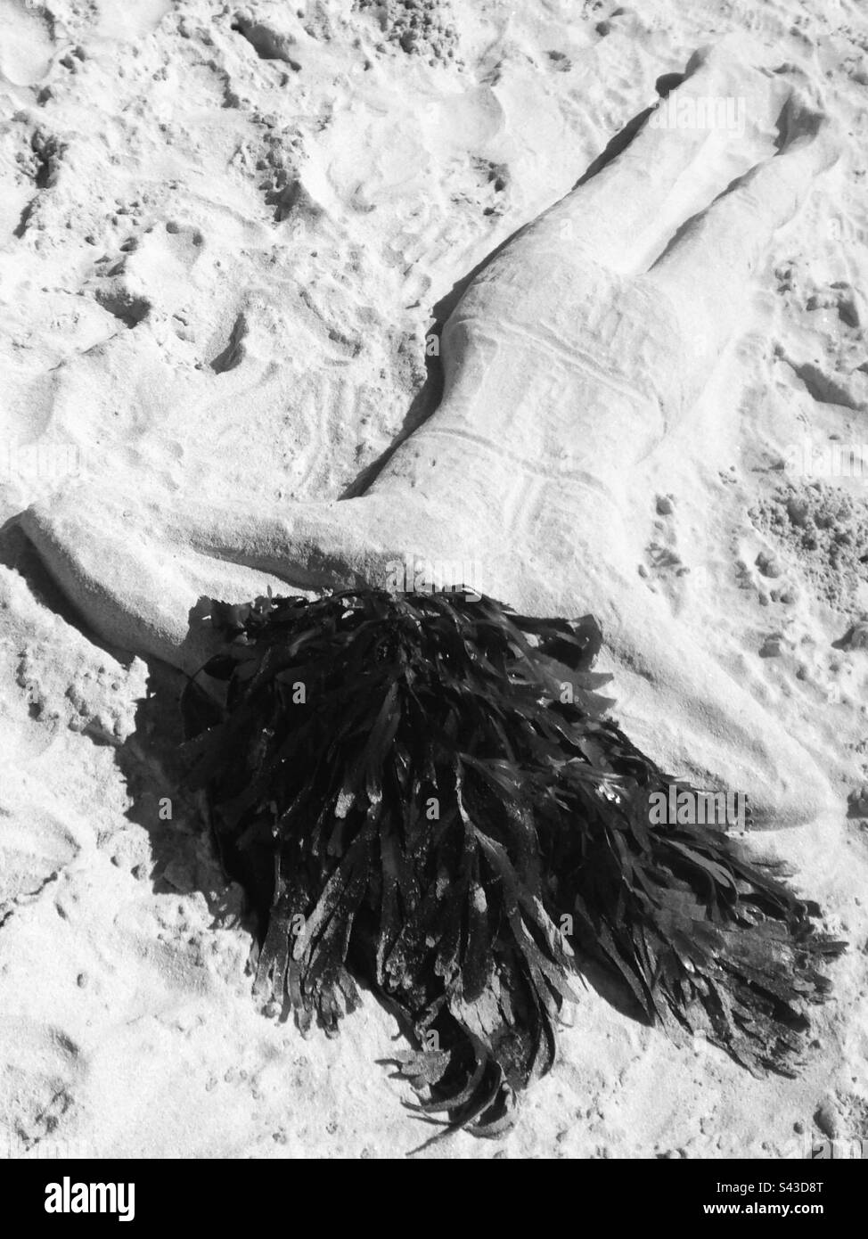 Temporäre Strandskulptur - Menschliche Form (Kann Kunst Sich Selbst Machen? Kann eine Skulptur aus Versehen entstehen? Ist das nicht Kunstbeweis eines Künstlers und Design eines Designers? Stockfoto