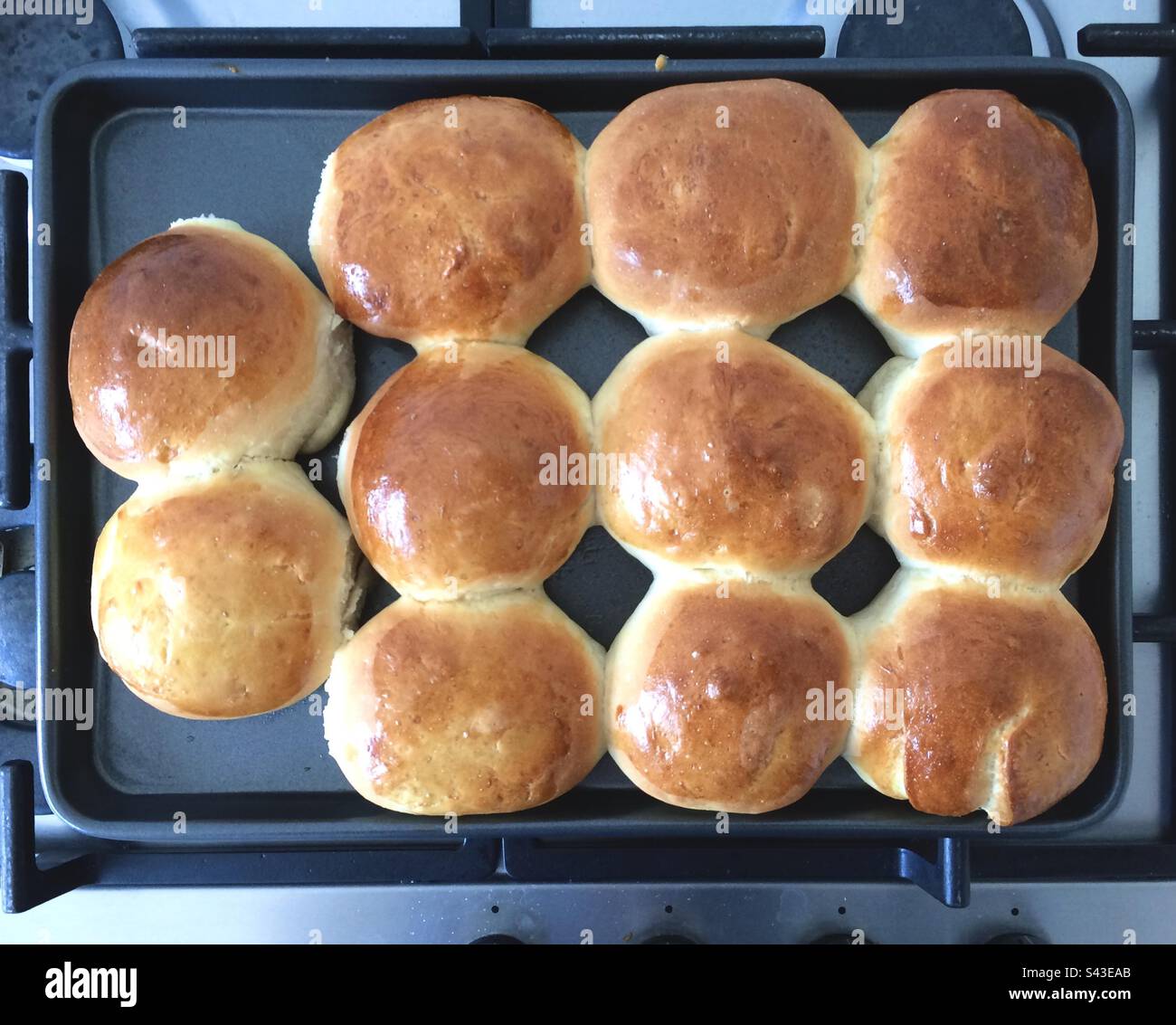 Elf frisch hausgemachte weiße Brötchen, - Smartphone-aufgenommenes Stockfoto