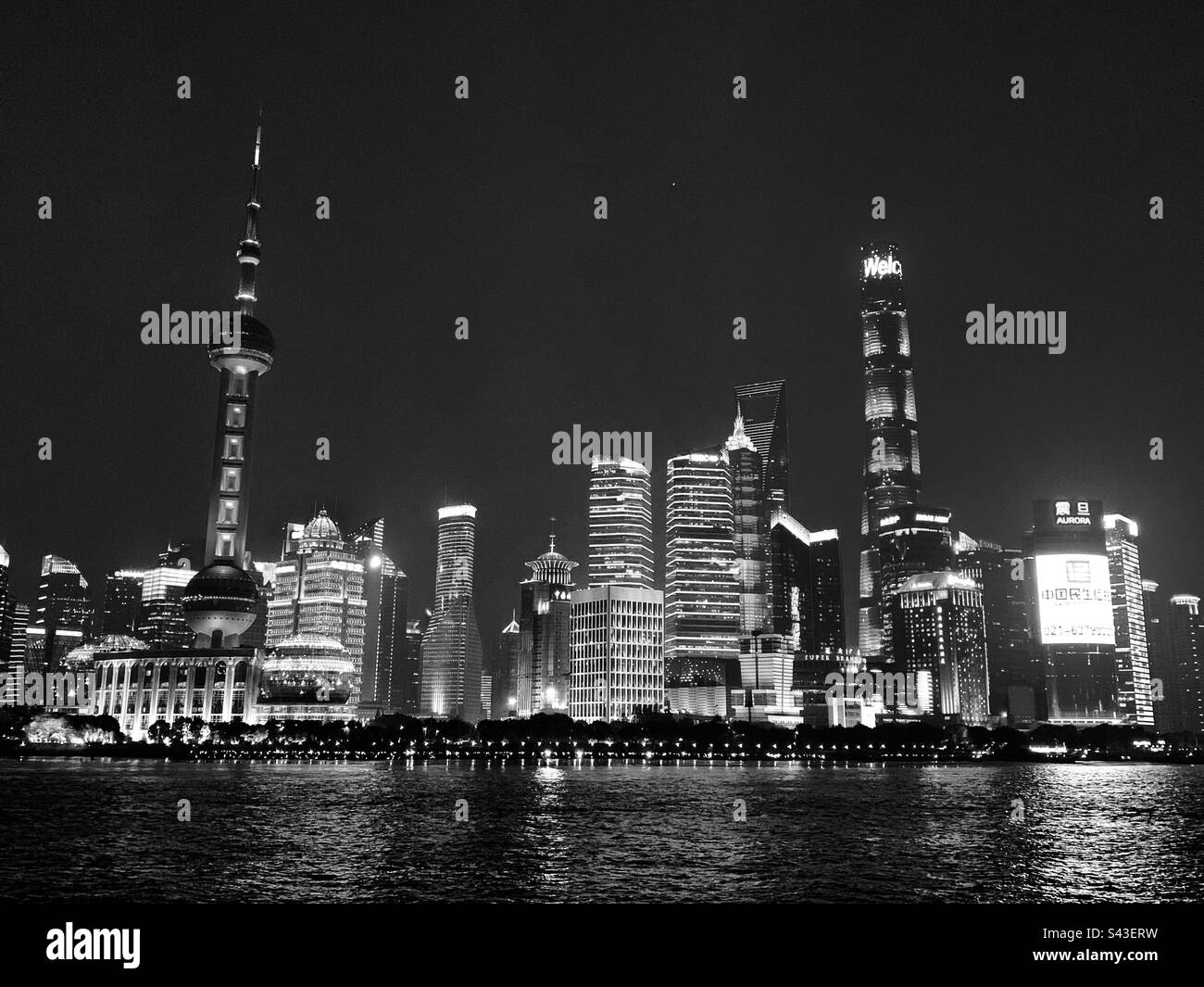 Schwarz-weiße Skyline von Shanghai mit Jon-Kartenturm und Oriental Pearl Tower am Ufer des Flusses Huangpu, Pudong, Shanghai, China Stockfoto