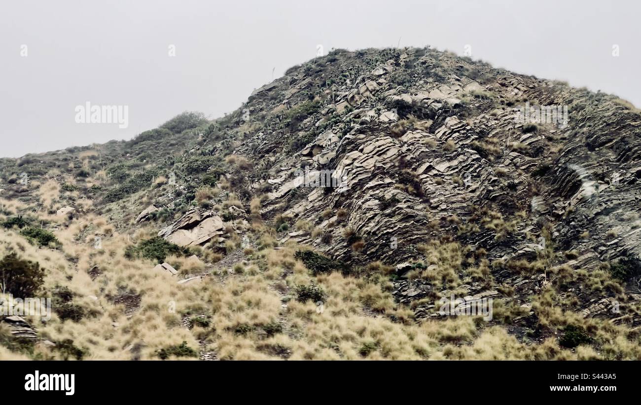 Gestreifte Felsen bilden einen teilweise vegetierten Hügel am Stadtrand von Malibu in Südkalifornien Stockfoto