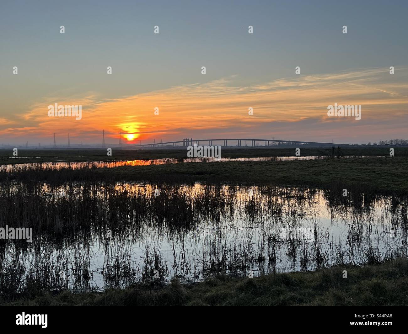 Sonnenuntergang, Elmley Naturschutzgebiet, Insel Sheppey, Kent Stockfoto