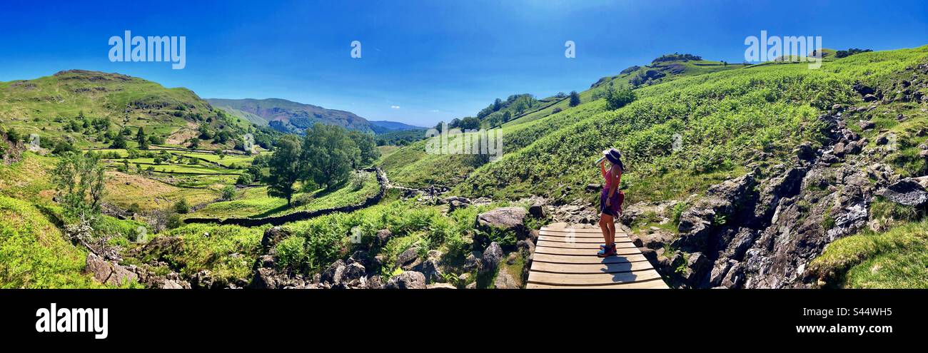Panoramafoto eines Wanderers, der den Blick auf das grüne Tal von einer Brücke aus bewundert Stockfoto