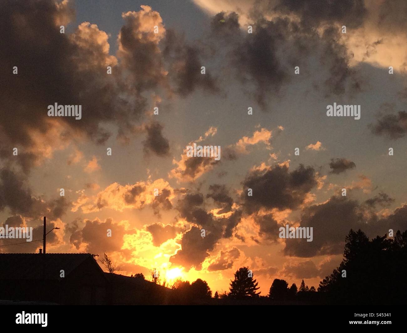 Sonnenaufgang/Sonnenuntergang Himmel, mit Silhouetten Bäume und heller Sonne und Wolken. Stockfoto