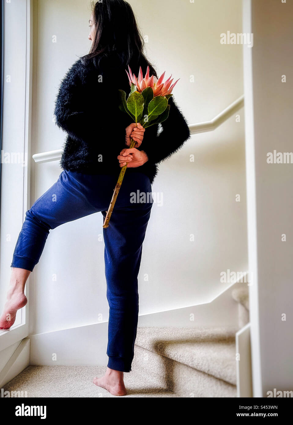 Blick auf die junge asiatische Frau, die hinter ihrem Rücken auf der Treppe einen König protea, auch bekannt als protea cynaroides Blume, hält. - Smartphone-aufgenommenes Stockfoto