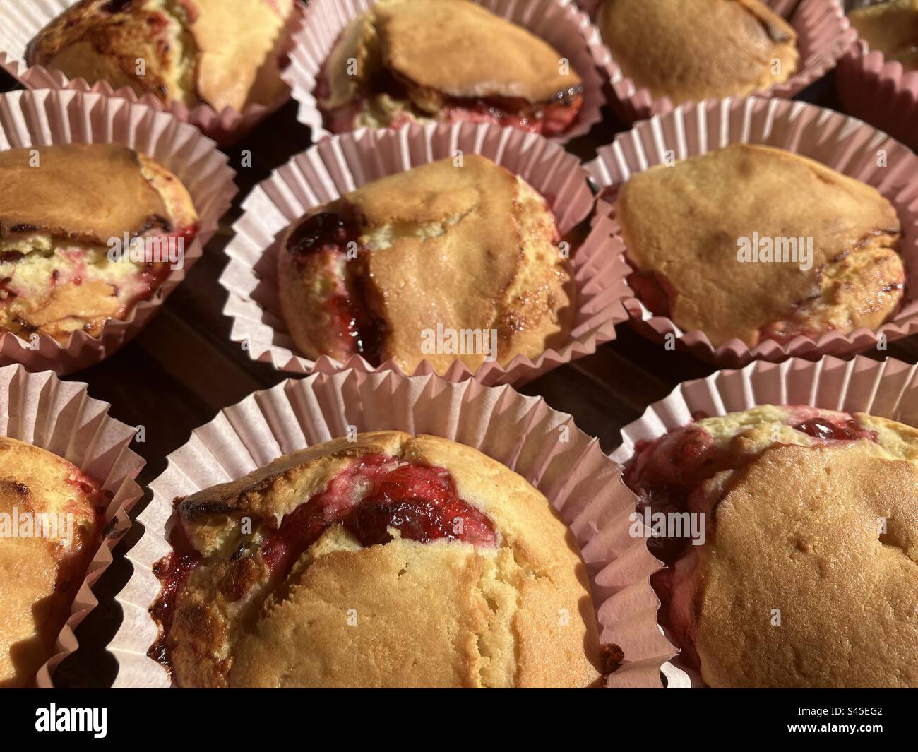 Frisch gebackene Muffins mit schwarzen Johannisbeeren auf dem Backblech, Nahaufnahme - Smartphone-aufgenommenes Stockfoto
