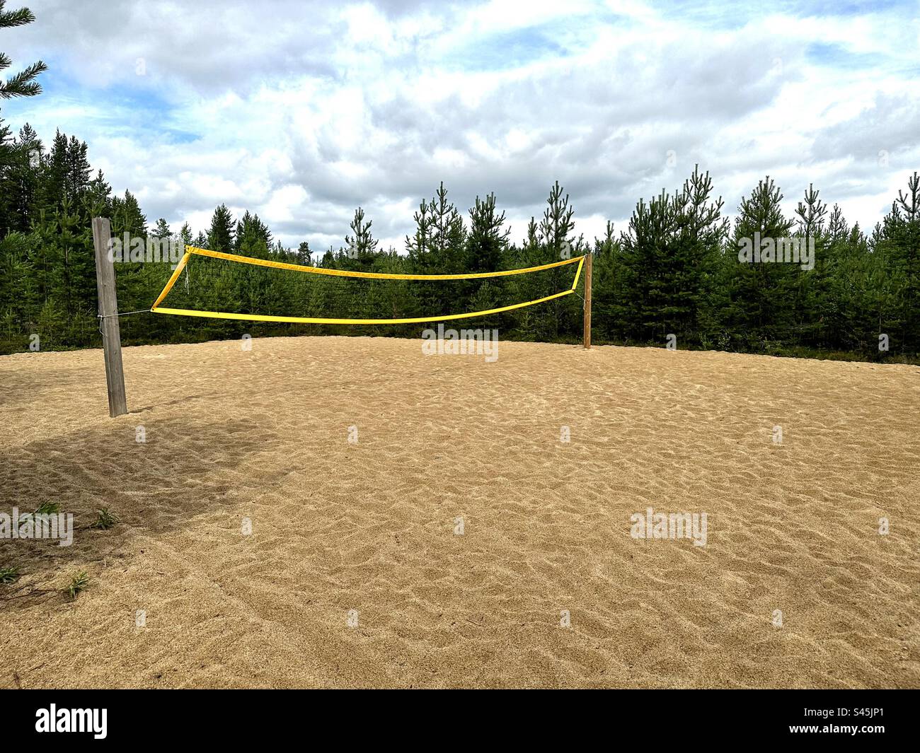 Volleyballnetz im Wald - Smartphone-aufgenommenes Stockfoto