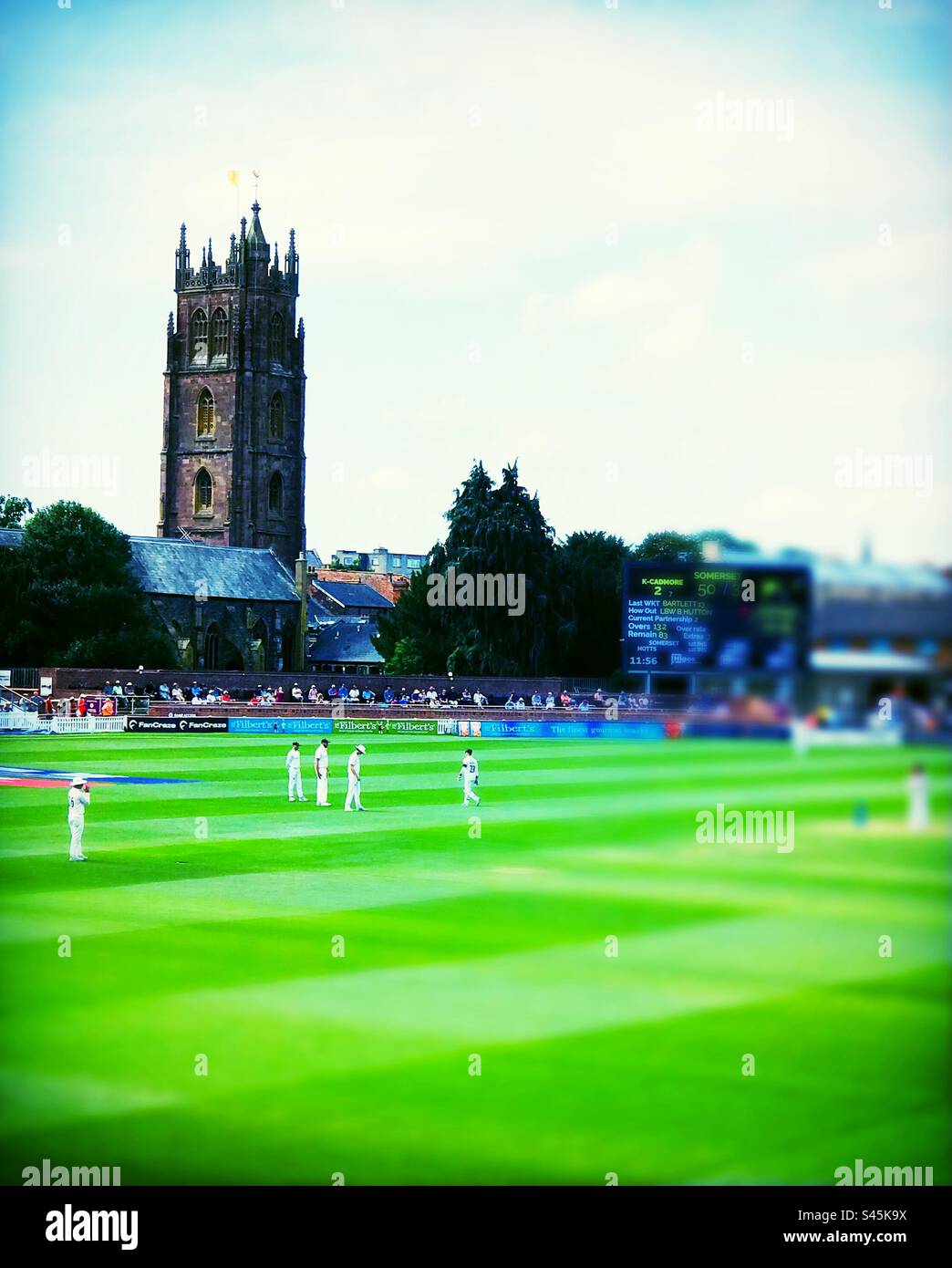 Somerset Cricket Club spielt an einem Sommertag ein Heimspiel. Stockfoto