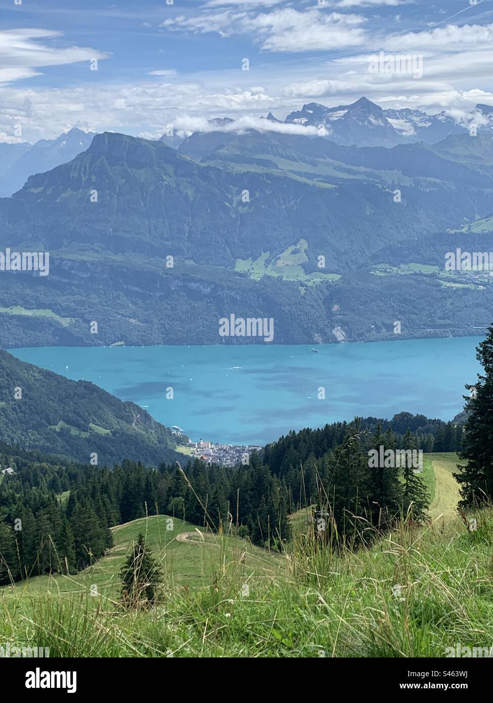 Blick auf den Vierwaldstättersee und die Stadt Vitznau in der Schweiz vom Berg rigi Stockfoto