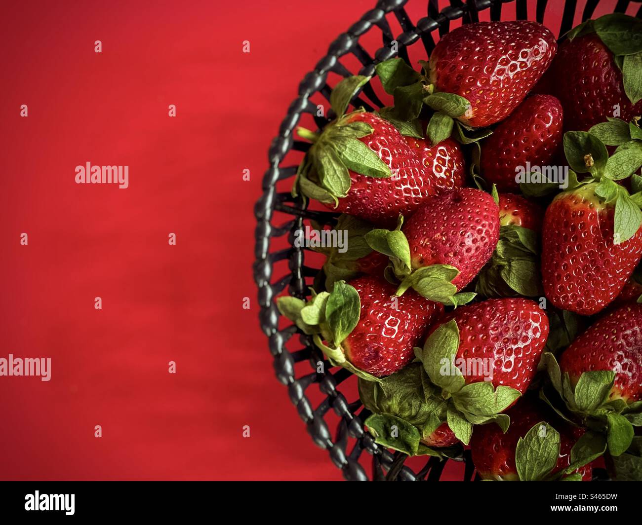 Direkt über der Ansicht frischer biologischer Erdbeeren in schwarzem Korb auf rotem Hintergrund mit Kopierbereich. - Smartphone-aufgenommenes Stockfoto