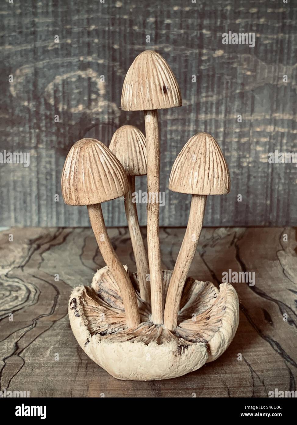 Ein Pilzschmuck aus Holz auf einem gemischten hölzernen Hintergrund - Smartphone-aufgenommenes Stockfoto